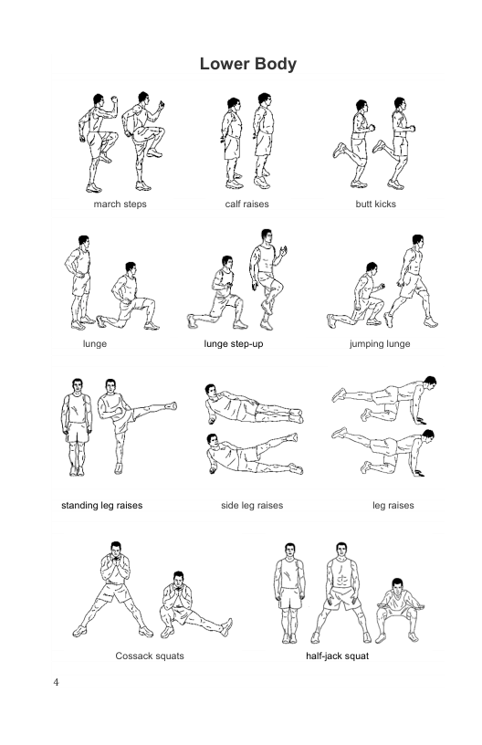 Lower Body  1  march steps  s 47 24  lunge step-up. jumping lunge  i  Cossack squats haltjack squat 